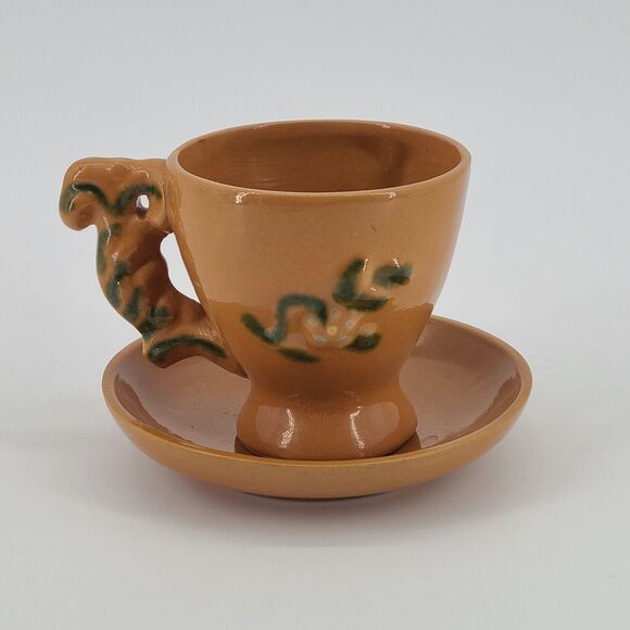 Vintage Pottery Cup Saucer Set Terra Cotta Yellow Floral - Picture 2 of 7
